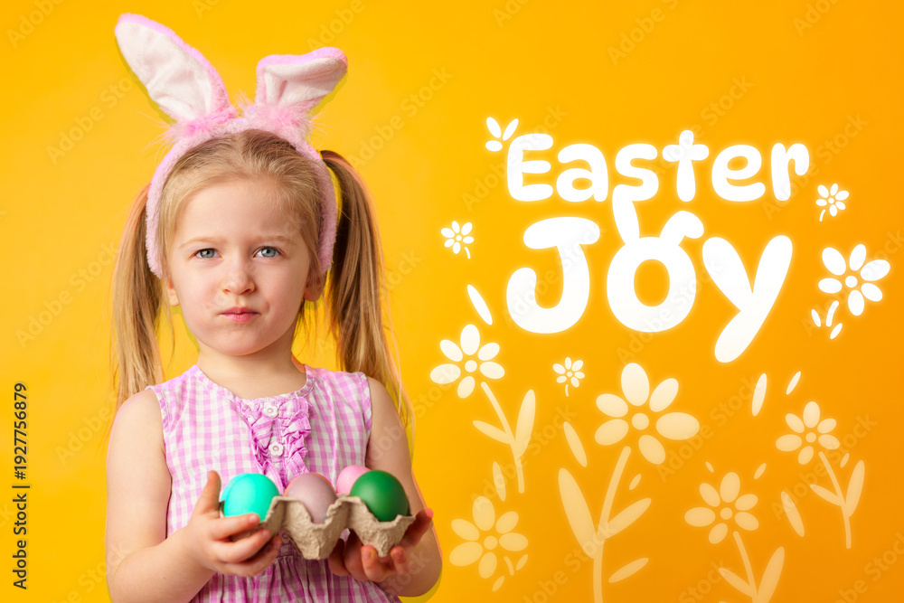 Fototapeta premium Child holds Easter eggs with bunny ears and yellow background showing joyful message about Easter