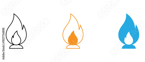 Three stylized flame icons with varying colors and design elements isolated on transparent background, Vector