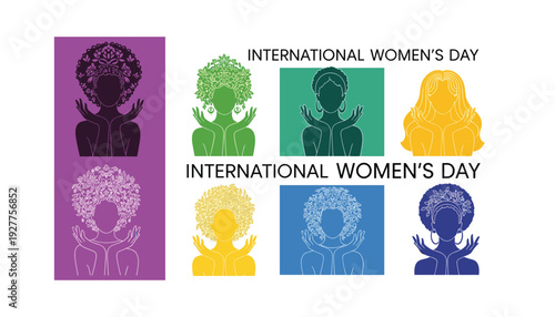 Vibrant International Women's Day illustrations in purple, green, yellow, blue