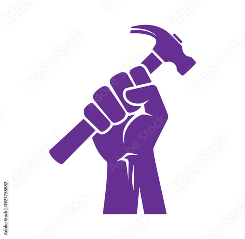 Purple hand holding a hammer in a clenched fist grip