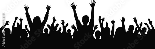 Large Crowd Silhouette with Raised Hands Celebrating Success and Freedom at Event Vector Illustration Isolated on White Background Social Gathering Concept