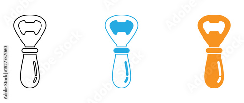 Three stylized bottle opener designs with varying shapes and colors isolated on transparent background, Vector