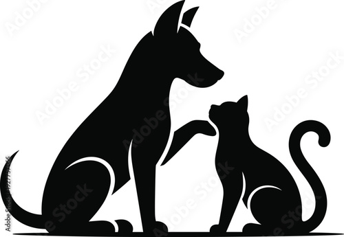 Black silhouette featuring a dog and cat sitting together with the dog touching the cat with its paw isolated on white background for pets