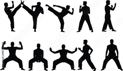 Martial Arts Fighter Silhouettes Set with Karate and Taekwondo Combat Poses Vector Illustration Collection Isolated on White Background Training Concept