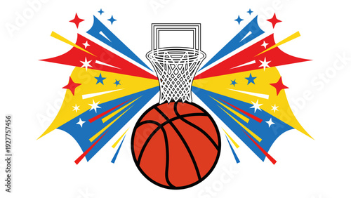 Illustration of a colorful illustration of basketball hoop and ball with a starburst