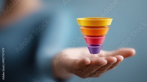 Hand holding a colorful sales funnel diagram representing marketing and business growth strategies