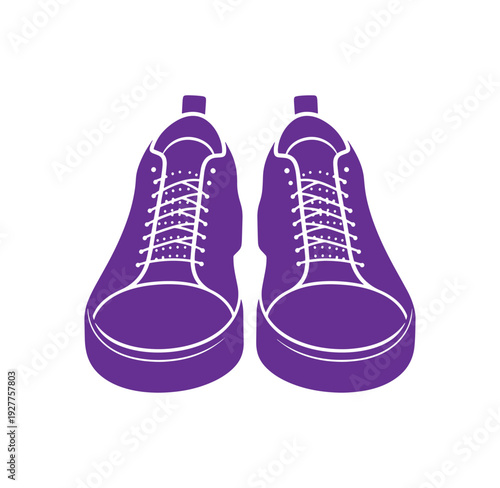 Purple hightop sneakers with white laces and outlines on white background