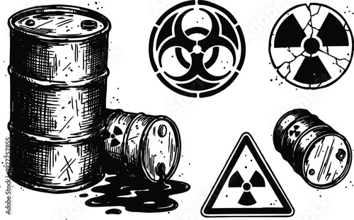 Tattoo flash ink barrels leaking radioactive drum with biohazard symbol close up spilled liquid low angle gritty black white