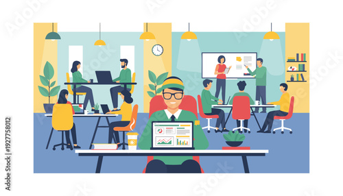 Business team collaborating in modern office space with laptops and whiteboard