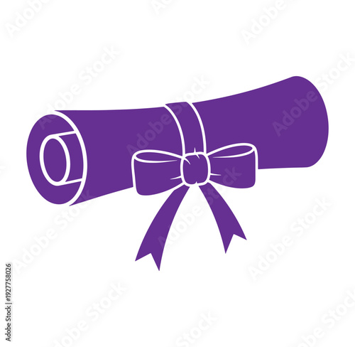 Purple rolled up certificate tied with a bow on white background