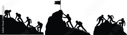 Set of Hikers Silhouette Climbing Mountain Peaks with Flag Teamwork Success Leadership Achievement Adventure Concept Vector Illustration Isolated on White Background