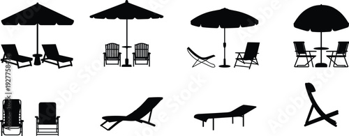 Assorted Black Silhouettes of Beach Chairs Umbrellas and Tables Keywords: beach chairs, umbrellas, tables, lounge chairs, deck