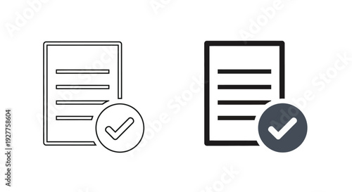 Vector graphic set illustrating a document icon with a confirmation checkmark overlay indicating completion or approval status