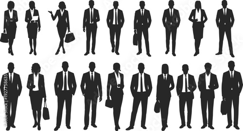 Assortment of Business Professionals Silhouettes in Two Rows on White Background Keywords: business, professionals, silhouettes