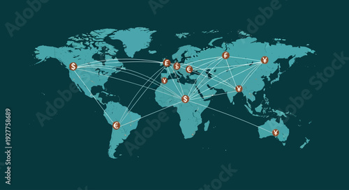 World Map Global Network Connections with International Business and Trade Routes