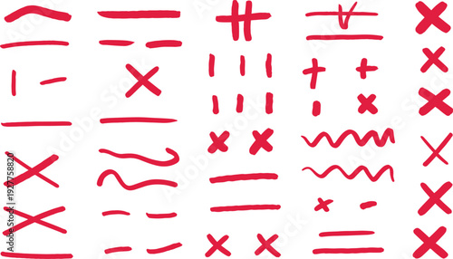 Assortment of red hand-drawn marks and symbols on a white background strokes brush