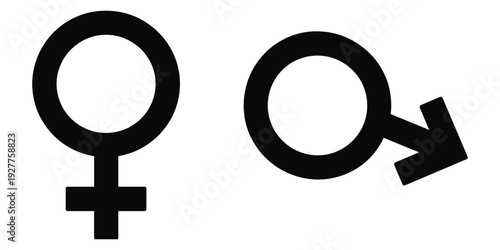 Black female and male gender symbols side by side on a white background Keywords: female symbol, male symbol, gender, sex, woman