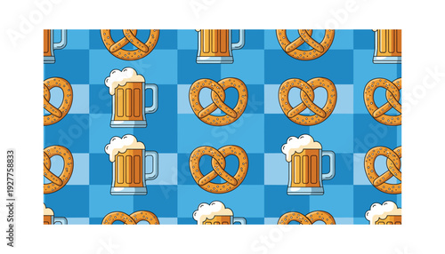 Vibrant Oktoberfest themed pattern with pretzels and beer