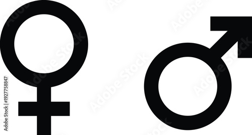 Black female and male gender symbols side by side on a white background Keywords: female symbol, male symbol, gender, sex, woman