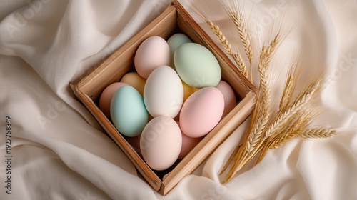 Minimal Easter background with pastel eggs and copy space