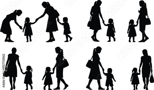 Collection of mother and child silhouettes holding hands isolated on white background vector family relationship illustration set