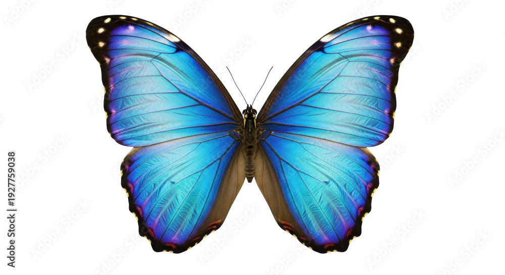 Obraz premium Isolated Morpho butterfly with blue iridescent wings, symmetrical, beautiful insect art
