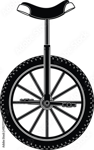 Black and white unicycle silhouette illustration, side view, single wheel, minimalist design, circus equipment, vector icon, isolated on white background,