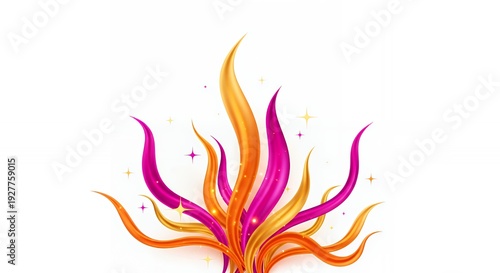 Dynamic vibrant abstract composition featuring swirling magenta orange gold shiny shapes with sparkling accents on a clean white background creative celebration design