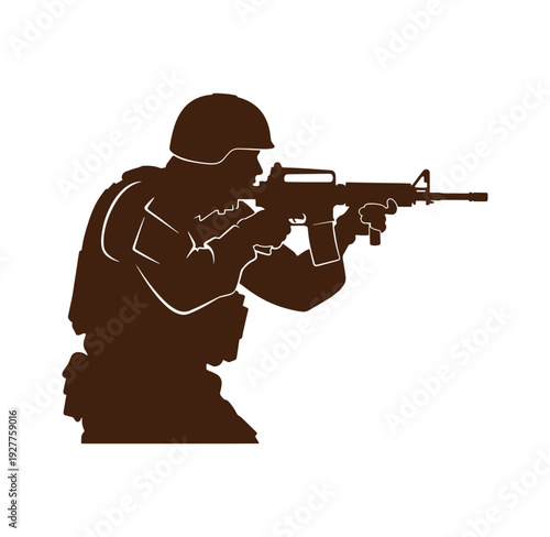 Soldier in combat stance aiming rifle to the right side profile view