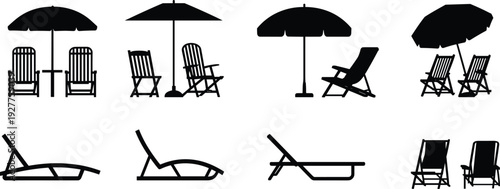 Collection of Black Silhouettes of Beach Chairs Umbrellas and Tables Keywords: beach chairs, umbrellas, tables, lounge chairs