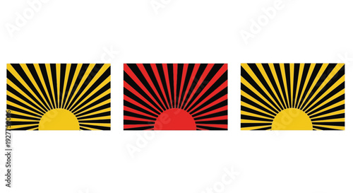 Collection of three stylized rising sun vector graphics featuring alternating black rays against yellow and red backgrounds for graphic design
