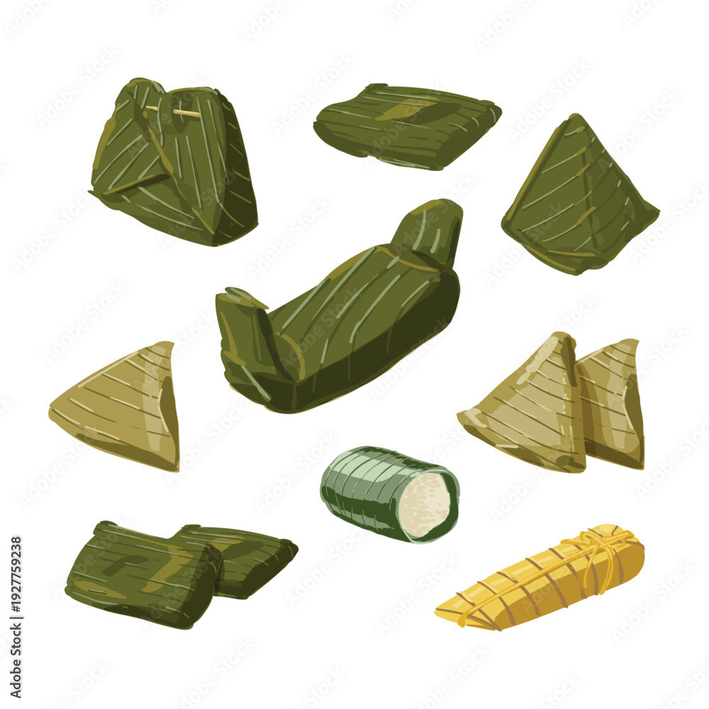 Naklejka premium Set of traditional Indonesian snacks and food wrapped in banana leaves, including lemper and lontong, handrawn style elements isolated on white. Perfect for culinary, cultural heritage, menu, recipe,