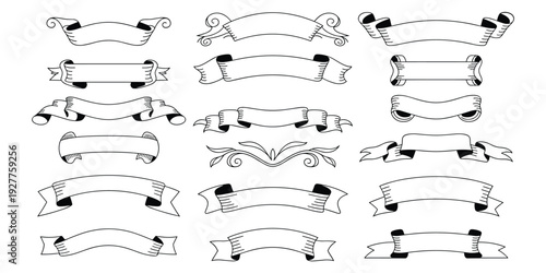 Collection of Hand- Drawn Black and White Ribbon Banners and Swirls Keywords: banner, ribbon, scroll, vintage, retro, decorative