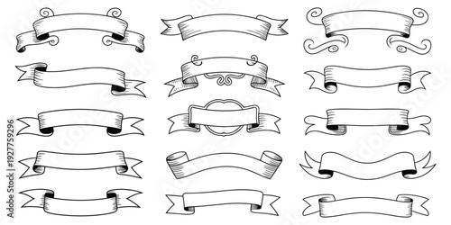 Collection of hand-drawn vintage ribbon banners and labels on white background Keywords: banner, ribbon, vintage, hand drawn