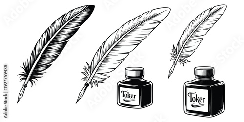 Detailed vintage quill pens and ink bottles with the word Toker Keywords: quill, pen, ink, bottle, vintage, writing, antique