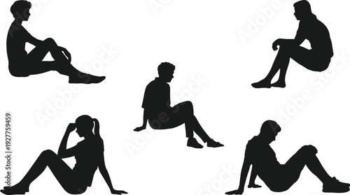 Diverse Silhouettes of People Sitting in Various Poses on White Background woman