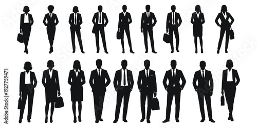 Diverse Group of Business People Silhouettes Standing in Two Rows on White Keywords: business, people, silhouettes, men, women