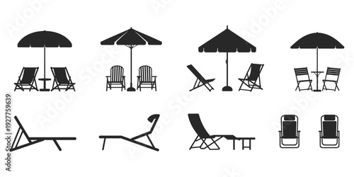 Group of Beach Umbrella and Chair Silhouettes on White Background Keywords: beach, umbrella, chair, lounge, furniture, outdoor