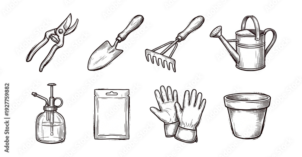 Naklejka premium Ink sketch garden tools illustrations set.