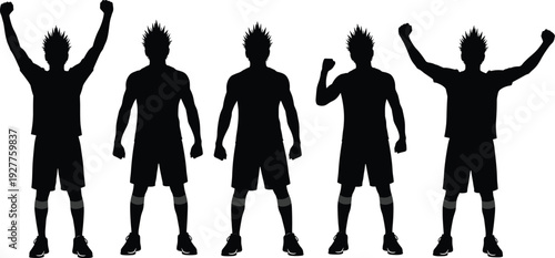 Athletic man victory silhouettes, strong male celebrating success with raised fists isolated on white background sports illustration set
