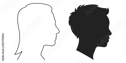 Outline of a woman's profile next to a black silhouette of a man's profile vector illustration