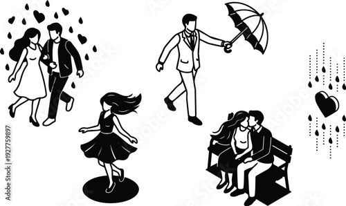 Minimalist vector silhouette couples in romantic park scenes man with umbrella woman dancing couple sitting on bench gentle kiss