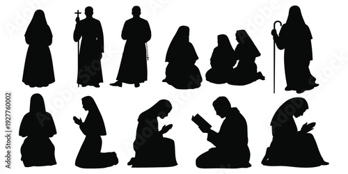 Silhouette figures of religious figures in various poses on a white background Keywords: silhouette, religious, figures