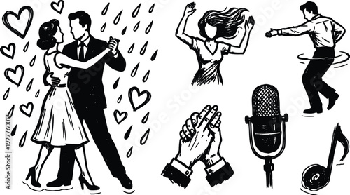 Ink sketch vintage line art dancing couple waltzing in rain hearts singer microphone applause dancing man spinning woman celebrating joyful