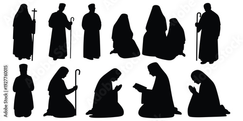 Silhouette figures of religious people in robes and hoods praying and holding staffs vector illustration