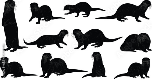 Black otter silhouettes set featuring various poses of weasels standing walking and swimming isolated on white background for wildlife and nature design