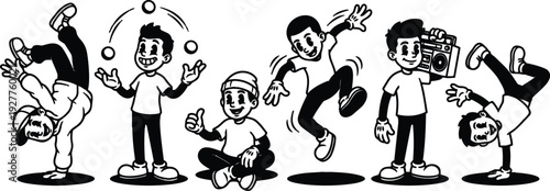 Retro cartoon vector line art panorama of boys breakdancing juggling sitting listening to boombox smiling energetic urban street scene playful