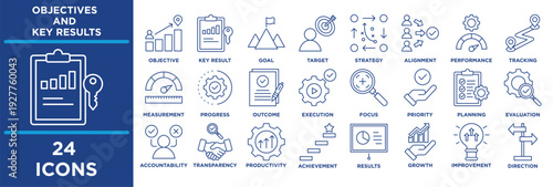 OKR icon set featuring OKR, objective, key result, goal, target, strategy, alignment, performance. line vector