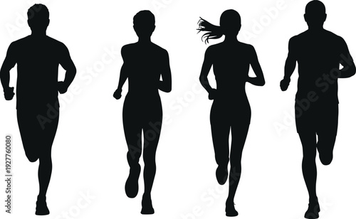 Silhouettes of four runners in motion on a white background Keywords: silhouettes, runners, running, people, athletes, fitness