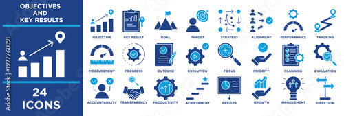 OKR icon set illustrating accountability, transparency, productivity, efficiency, monitoring, achievement, results, growth, success, improvement, management, leadership, direction. SOLID blue 